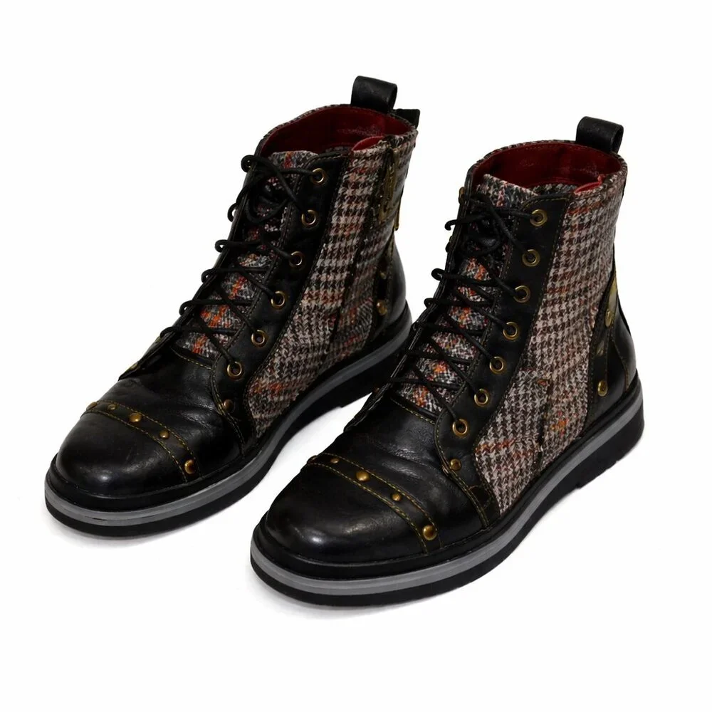 Spring Step L’Artiste Rehja Black Brown Plaid Combat Boot Size 36 (US 5.5 -6)